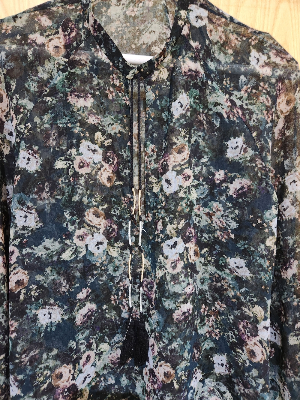 Zara Sheer Floral Tie-Neck Blouse - Dark Green Multicolor